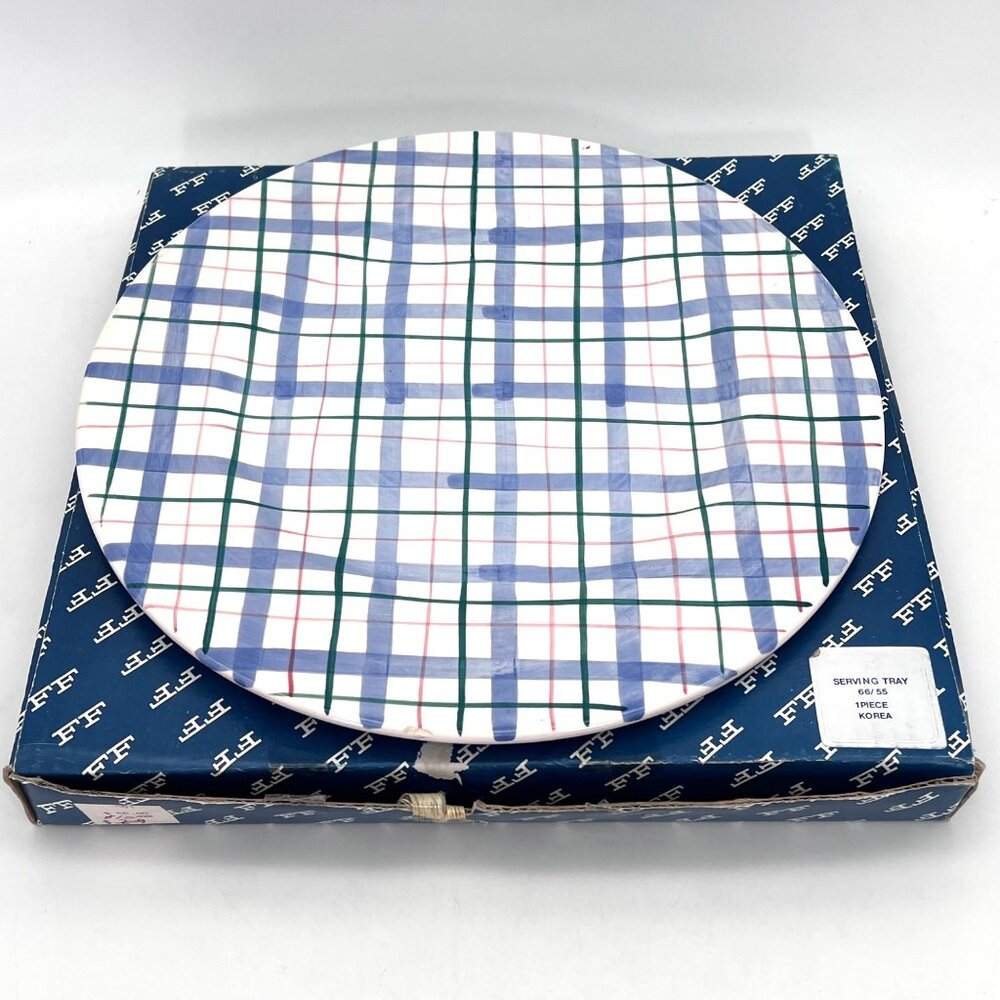 Fitz & Floyd Vintage 1991 Ceramic Plaid Serving Tray Round 13" Bloomers Check